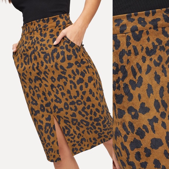 🆕Cheetah corduroy mid waist pencil skirt w/ slit - Picture 3 of 8